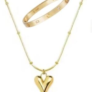Aeoss Gold Heart Pendant Necklace with Gold Love Band Bracelet | Gift on Rakhi for sisters | Anti Tarnish Waterproof Jewellery