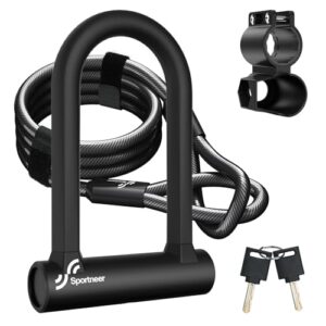 Sportneer Bike Lock Heavy Duty Anti Theft Bike U Lock with 5ft Security Steel Cable - 17mm Shackle Bicycle U-Locks with Keys & Sturdy Mounting Bracket for Road, Mountain, Electric & Folding Bike