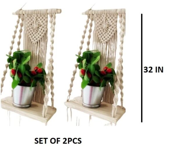 DXYZ Macrame Handmade Wooden Wall Shelf | Bohemian Wall Shelf for Living Room, Bed Room (Set of 2 - Twisted) - Image 2
