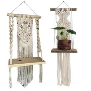 DXYZ Macrame Handmade Wooden Wall Shelf Set | Bohemian Wall Shelf for Living Room, Bed Room (Set of 2 - Geometric + Twisted)