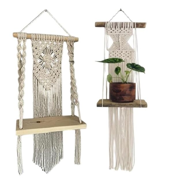 DXYZ Macrame Handmade Wooden Wall Shelf Set | Bohemian Wall Shelf for Living Room, Bed Room (Set of 2 - Geometric + Twisted)