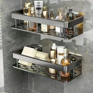 Hallstatt Aluminium Pack of 2, Self Adhesive Bathroom Shelf for Wall Shelf Organizer Wall Mounted Bathroom Shelves Rack Holder Stand for Bathroom Accessories Organiser Without Drill (Pack of 2)