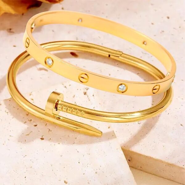 Aeoss Stainless Steel Gold Love Band Bracelet with Cubic Zirconia Studded Bangle Kada | Gift on any Occassion for Women and Girls | Anti Tarnish Waterproof Sweatproof - Image 2