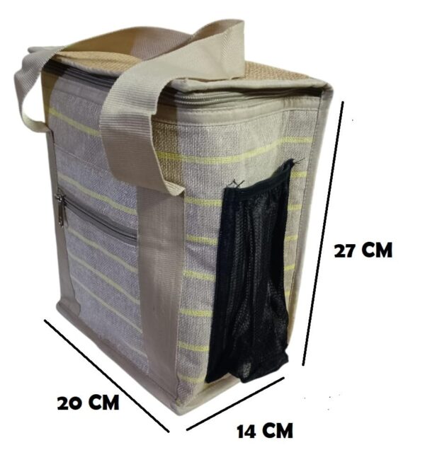 Aeoss Stylish Front Zip Pocket Jute Bag for Lunch Box with Bottle Holder, Sturdy Handle with Zipper Lock for Office Outing and Travelling (Beg) - Image 3