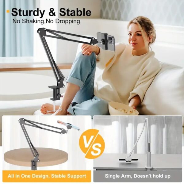 BROLAVIYA Overhead Video Tabletop Stand Phone Holder, Metal Long Lazy Arm and Bracket for All Mobiles Phone, for Streaming ,Overhead Video,Desktop,Bedroom, Office, Black - Image 9