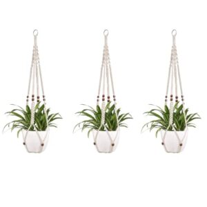 DXYZ Macrame Cotton Outdoor/Indoor Plant Hanger with Wooden Ring [Without Pot] | Rope Flower Pot Holder for Balcony Garden Wall | Home Decor Basket Hanger (Ivory, 3)