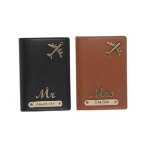 AICA Unisex-Adult Personalised Name, Charm & Color Leather Passport Cover Gift Set/Wallet for Couple - 2 Pcs | Wedding Anniversary Marriage Gifts for Couple Friend Husband Wife, Assorted at