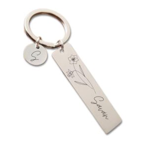 Pijera Personalized Double-Sided Stainless Steel Keychain, Custom Name and Birth Flower Engraving, Initial Charm, Silver