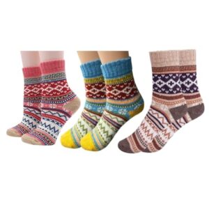 Aeoss Women's 3 Pairs Vintage Style Winter Knitting Warm Wool Crew Socks, Free size Multi color
