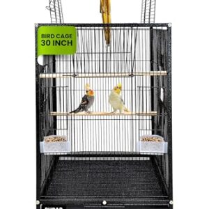 Buraq 30 Inch Large Bird Cage, Includes Locking Casters & Bird Cage Accessories, for Small & Medium Types of Birds (Large - Black)