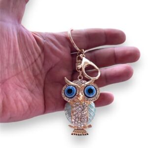 BLUE BEADS Gold with Evil Eye Crystal Rhinestone Sparkling Owl Keychain For Bike/Car Gifting Key Ring For Men Women and Handbag Charm