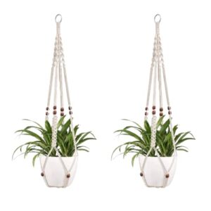 DXYZ Macrame Cotton Outdoor/Indoor Plant Hanger with Wooden Ring [Without Pot] | Rope Flower Pot Holder for Balcony Garden Wall | Home Decor Basket Hanger (Ivory, 2), 2 Pieces