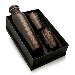 PIEPOT Copper Water Bottle 1 Ltr | Copper Water Bottle with Glass Set | Meena Work | 100% Pure | Leak-Proof | 2 Water Glass 300ml each | Best for Gifting ((Asth Mangla Design))