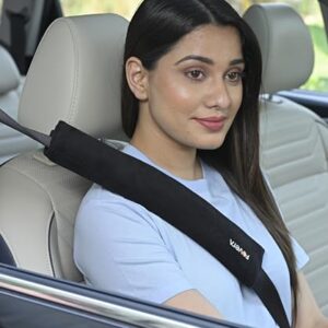 FOVERA Car Seat Belt Shoulder Pads (Pack of 2) Car Safety Belt Soft Pad Cover for Comfortable Driving, Universal Fit for All Cars and Backpack (Black Color, 12 Inch Length)