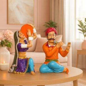 Xtore Resin Rajasthani Traditional Musical Couple Decorative Showpiece for Home Decor (Pack of 2, Multicolor