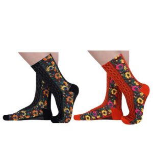 Aeoss Women's Floral Design Vintage Crew Socks Ethnic Retro Style Novelty Cotton Socks Embroidered Floral socks Multicolor (2 Pair)
