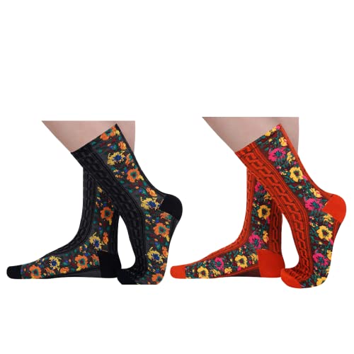 Aeoss Women's Floral Design Vintage Crew Socks Ethnic Retro Style Novelty Cotton Socks Embroidered Floral socks Multicolor (2 Pair)