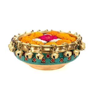 Two Moustaches Gemstone Work 6 Inch Brass Urli Ethnic Traditional Bowl With Bells, Gemstone Work, Material - Brass, Pack Of 1 - 500 Ml