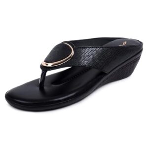 TRASE Women's Fashion Sandal | Faux Leather, Comfortable & Stylish Wedges | Ideal for Casual & Formal Occasions 2 inches heel-Black