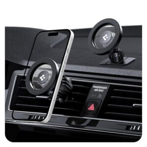 Spigen Magnetic Air Vent Car Mobile Holder [Super Strong Magnet] [Magnetic Ring Included][Extra Mini Dashboard Mount] for iPhone 17/16/15/13/12, Samsung Galaxy Series and More - Black