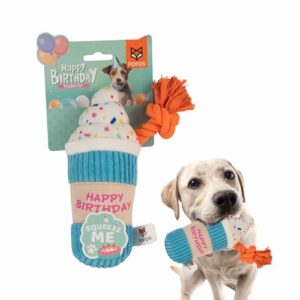 BarkButler x FOFOS Birthday Drink Plush Dog Toy - Multicoloured, Squeaky Toys with Rope, Soft Toys for Dogs, for Small Dogs and Medium Dog Breeds (0-20kgs)