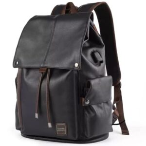 WALKENT Premium 15.6" Laptop Bag, Vegan Leather, Waterproof, External USB, Flap & Drawstring Closure, Backpack for College, Office, Men, Women - Spruce 24L