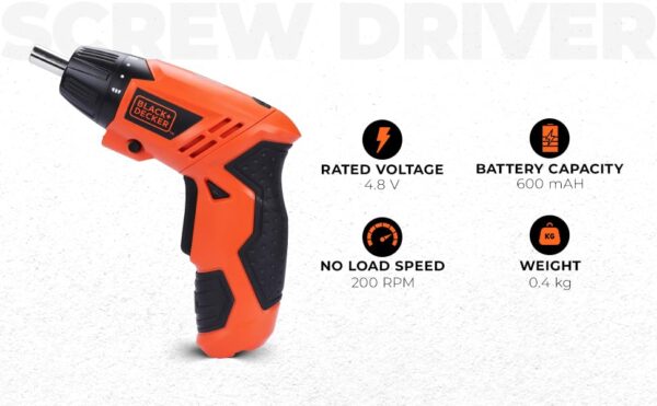 BLACK+DECKER KC4815 4.8V 200 RPM Cordless Screwdriver Set Ni-Cd (Nickel-Cadmium) with LED Worklight, 15-pieces Screw Bits Set & Adjustable Torque for Home & DIY Use, 1 Year Warranty, ORANGE & BLACK - Image 3