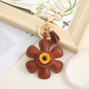 Bag Charms, Aesthetic Keychain, Sunflower Keychain for Women, Aesthetic Crochet Key chain, Cute Bag Keychains for Girls, Bike, Car, Handbags, Gift for Her (Brown)