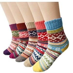 Aeoss Women's 5 Pairs Vintage Style Winter Knitting Warm Wool Crew Socks, A-Wave, Free Size Multi Color