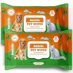 AMORITE Anti-Bacterial 160 Count Pet Wipes with Fresh Apple Scent for Dogs, Puppies & Pets (Pack of 2) Suitable for All Types of Pets' Dry Bathing, Daily Care, Paw Cleaning Wipes
