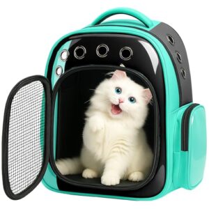 Buraq Breathable Design Pet Carrier Backpack for Hot Weather Travel, Hiking, Ventilated, Touring, Airline-Approved, Sturdy Base cat Bag for Cats Kitten Puppy (Sea - Green, Transpicuous See-Through)