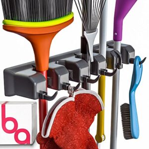 Berry Ave Broom Holder & Wall Mount Garden Tool Organizer - Home Laundry Room, Kitchen, Closet, Shed, Garage Organization & Storage Utility Rack - 5 Slots & 6 Hooks -Rake, Shovel, Mop Hanger, Plastic