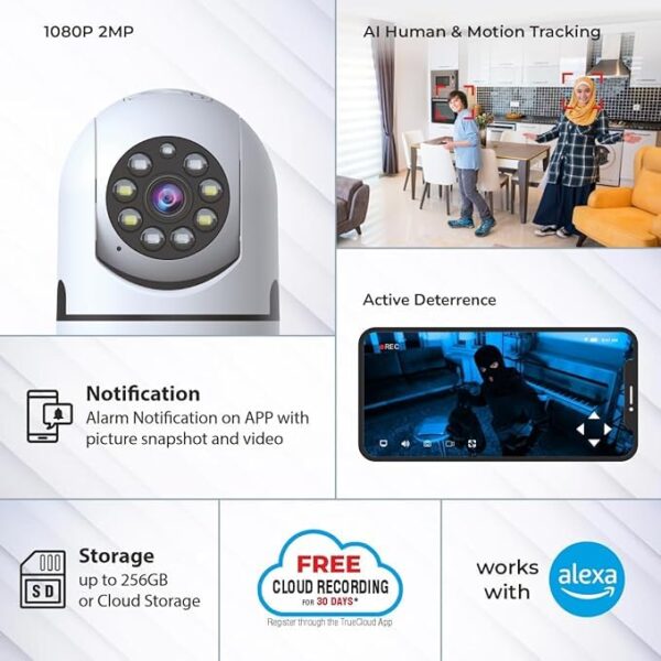 Trueview 2MP Smart CCTV Wi-fi Home Security Camera with Pan Tilt 360� View, 2 Way Talk, Cloud Monitor, Motion Detect, Supports SD Card Up to 256 GB, Night Vision (2MP Color Night Vision Smart Camera) - Image 4