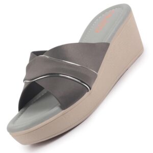 FAUSTO FST KI-661 GREY-38 Women's Grey Silver Lining Open Toe Cross Strap Wedge Slip On Sandal With Cushioned Footbed|Sandal For Party|Festive|Wedding