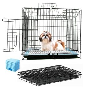 PETSAPIENS Foldable & Portable Dog Cage (24L x 17W x 21H inches) with Pee Pads (10 Count) for Small Dogs, Puppies & Cats | Strong Crate with Removable Tray | Double Door with Extra Locks | Black