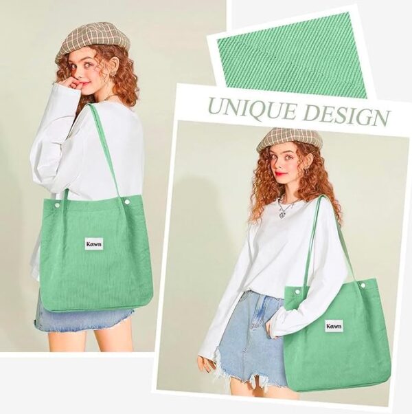 Kawn Women Corduroy Tote Bag Canvas Shoulder Purse Reusable Shopping Bag Grocery Bag Large Capacity Washable Handbag Girls Shoulder Bag with Inner Pocket For Daily Use Work Travel - Image 6
