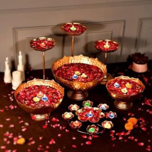 MD Metal Taj Urli Bowls Set Floating Flowers Diyas Tealights Stands |Gold Brass Toned Kerala Onam Vishu Diwali Pooja Mandir Temple Female Home Office Wedding Gift Outdoor Entry Haldi Decor (9 Pcs)