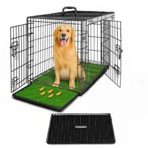 PETSAPIENS Foldable & Portable Dog Cage For Large Dogs With Green Mat | Strong Crate With Two Removable Tray| Double Door With Two Latches/Lock & Extra 4 Lock | Black Color(Large | 42"),Iron, Metal
