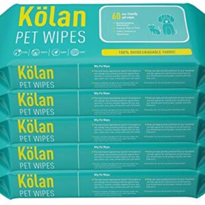 Kolan Eco-Friendly Pet Wipes 100% Biodegradable Fabric • Fragrance Free Grooming Wet Wipes for Dog | Cat | Puppies | Rabbit | Small Pets, 60 Count, 5 Pack