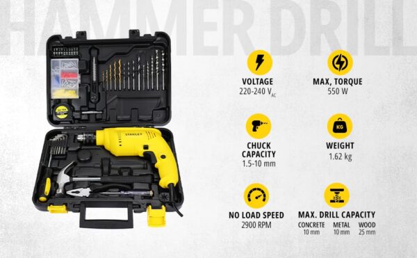 STANLEY SDH550KP 550W 10mm Corded Single Speed Hammer Drill Machine and Hand Tool Kit (120-Pieces) - Includes Hammer Drill, Measurement Tape, Drill Bits, Hammer, 1 Year Warranty, YELLOW & BLACK - Image 3