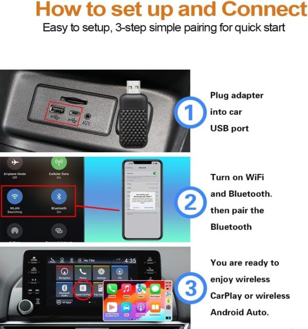 Aeoss Wireless Carplay & Android Auto 2 in 1 Adapter, Plug and Play Car Play Wireless, Extension Cable USB-A & USB-C/Type-C, Compatible with iOS & Android (Black) - Image 4