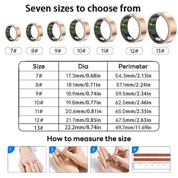 Smart Ring Health Tracker, Fitness Sleep & Heart Rate Monitor Tracker Smart Ring, Waterproof Bluetooth Fitness Tracker Ring IPX68 Waterproof (Gold, 9) - Image 9