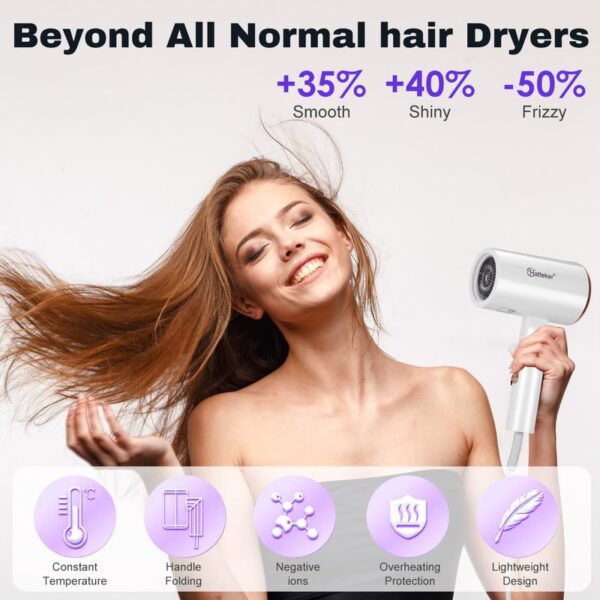 HATTEKER HT-309 Professional Foldable Hair Dryer 2600W Power, Negative Ion Technology, Overheat Protection with Styling Concentrator 3 Temperature Modes, Model 2 - Image 5
