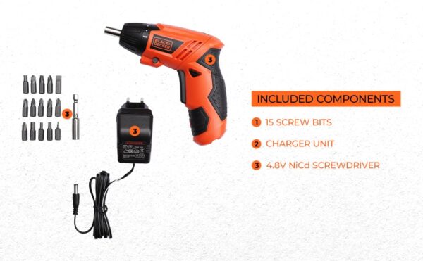 BLACK+DECKER KC4815 4.8V 200 RPM Cordless Screwdriver Set Ni-Cd (Nickel-Cadmium) with LED Worklight, 15-pieces Screw Bits Set & Adjustable Torque for Home & DIY Use, 1 Year Warranty, ORANGE & BLACK - Image 5