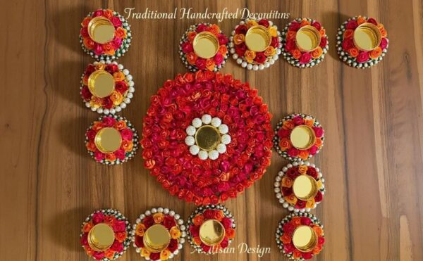 Sanvatsar Home Decorative Rangoli & Diya Set | Corporate Gift, Diwali Gift, Diya for puja Home Decoration Light Diya, Christmas Candle, Lighting, New Year Candle Set of 6 (Yellow & Red) - Image 2