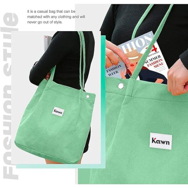 Kawn Women Corduroy Tote Bag Canvas Shoulder Purse Reusable Shopping Bag Grocery Bag Large Capacity Washable Handbag Girls Shoulder Bag with Inner Pocket For Daily Use Work Travel - Image 4