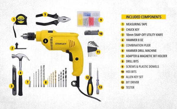 STANLEY SDH550KP 550W 10mm Corded Single Speed Hammer Drill Machine and Hand Tool Kit (120-Pieces) - Includes Hammer Drill, Measurement Tape, Drill Bits, Hammer, 1 Year Warranty, YELLOW & BLACK - Image 5