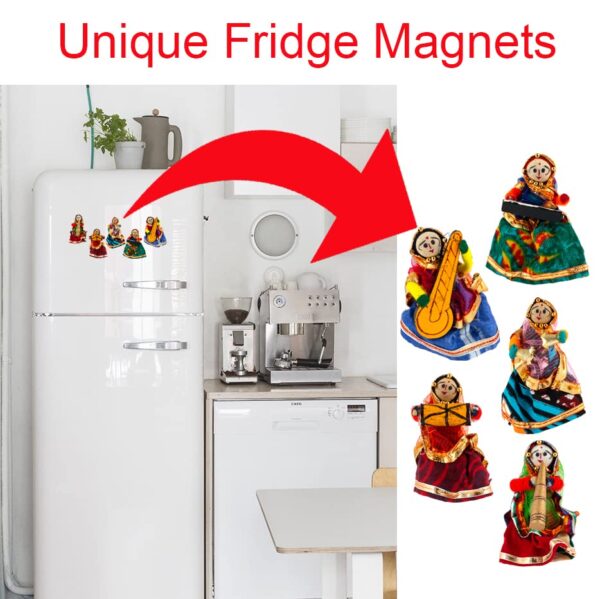JH Gallery Traditional Rajasthani Handmade Decorative Puppet Doll Fridge Magnet (Set of 5) (Female Dolls) - Image 4