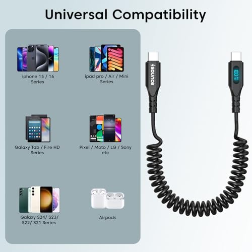 Sounce USB C to USB C 100W Fast Charging Coiled Cable for Car with Smart LED Power Display, Stretchable & Tangle-Free Type C Charger Cord for iPhone 16/15 Pro/Plus/Max & All Type-C Devices - Image 7