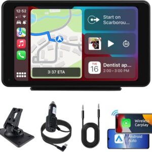 plimpton 2025 Upgraded Portable Carplay Android Auto Screen for Car, 7 Inch IPS Touch Screen for iOS Wireless Car Play Driveplay Multimedia Player with Voice Control, BT, Mirror Link for All Vehicle